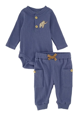 Baby Elephant Graphic Bodysuit and Joggers, Blue, Size 0-3M