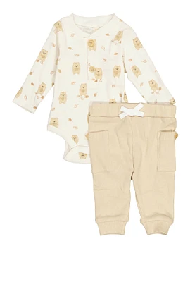 Baby Boys 0-9M Bear Print Bodysuit and Joggers, Beige, Size 3-6M