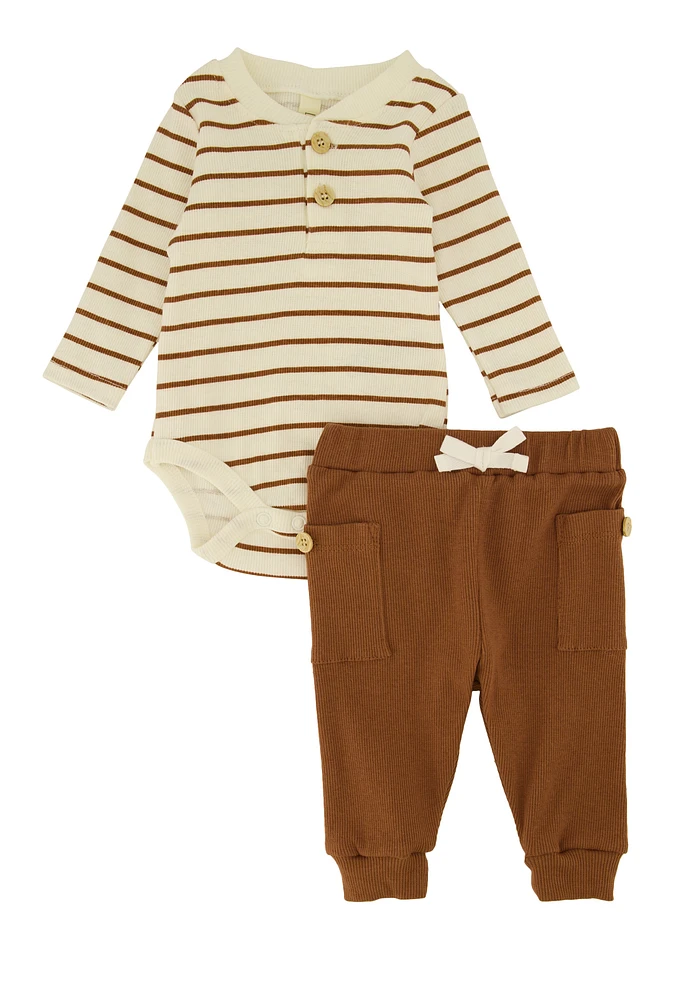 Baby Boys 0-9M Striped Bodysuit and Joggers, Brown, Size 0-3M