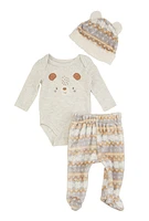 Baby Boys 0-9M Bear Graphic Bodysuit with Fair Isle Footed Pants and Hat, Grey, Size 0-3M