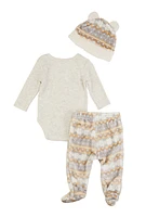 Baby Boys 0-9M Bear Graphic Bodysuit with Fair Isle Footed Pants and Hat, Grey, Size 0-3M