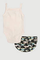 Baby Girls 0-9M Mamas Mini Bodysuit and Bubble Shorts Set with Palm Tree Print Headband, Multi,