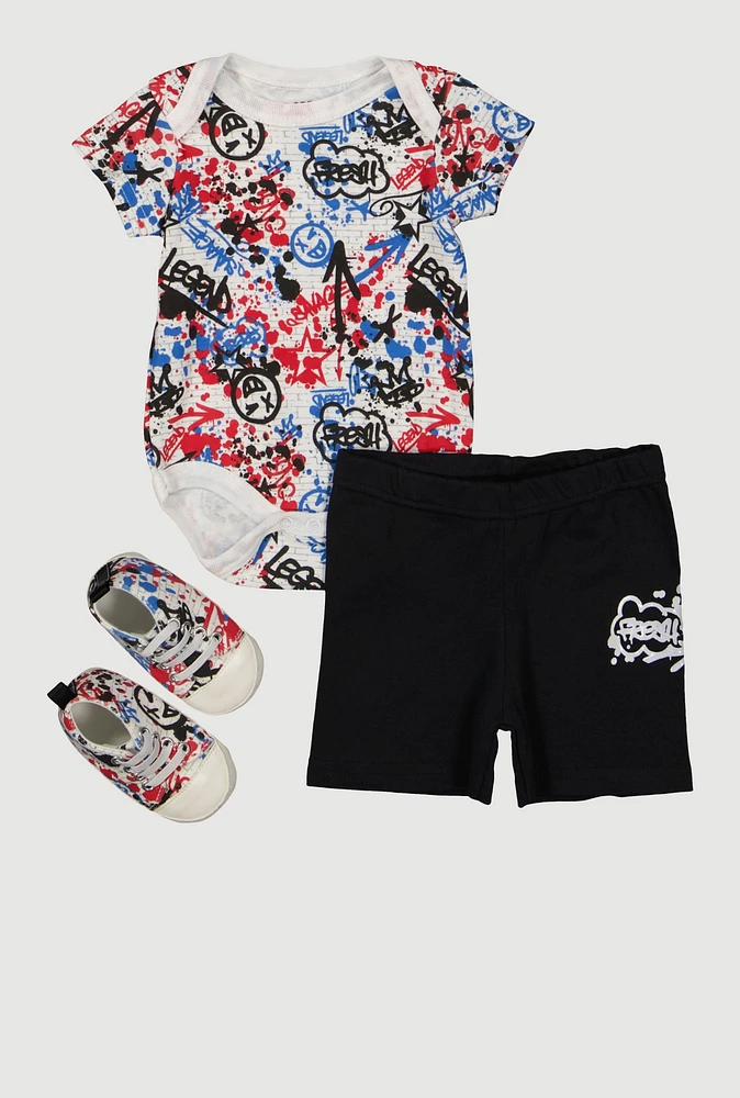 Baby Boys 0-9M Fresh Graffiti Print Bodysuit and Shorts with Shoes, Multi,