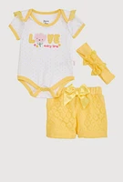 Baby Girls 0-9M Crochet Love Every Time Graphic Bodysuit and Shorts, Yellow, Size 0-3M