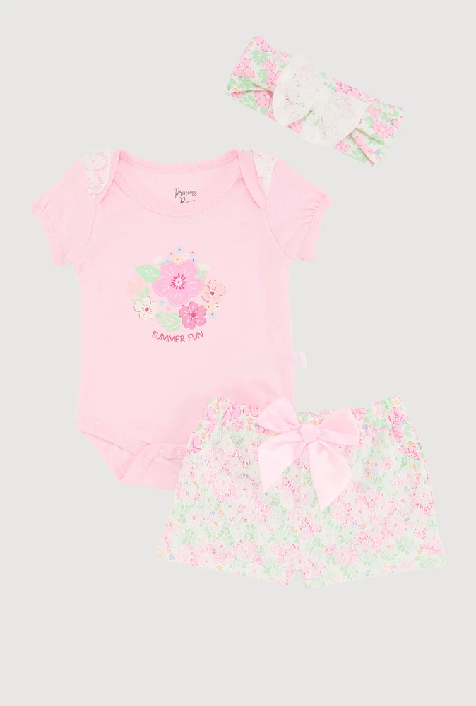 Baby Girls 0-9M Summer Fun Crochet Detail Graphic Bodysuit and Shorts, Pink, Size 3-6M