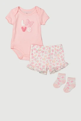 Baby Girls 0-9M Chenille Love Patch Graphic Bodysuit and Shorts, Pink, Size 6-9M