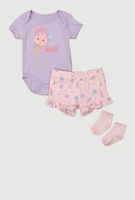 Baby Girls 0-9M Chenille Little Sweetie Patch Graphic Bodysuit and Shorts, Multi, Size 3-6M