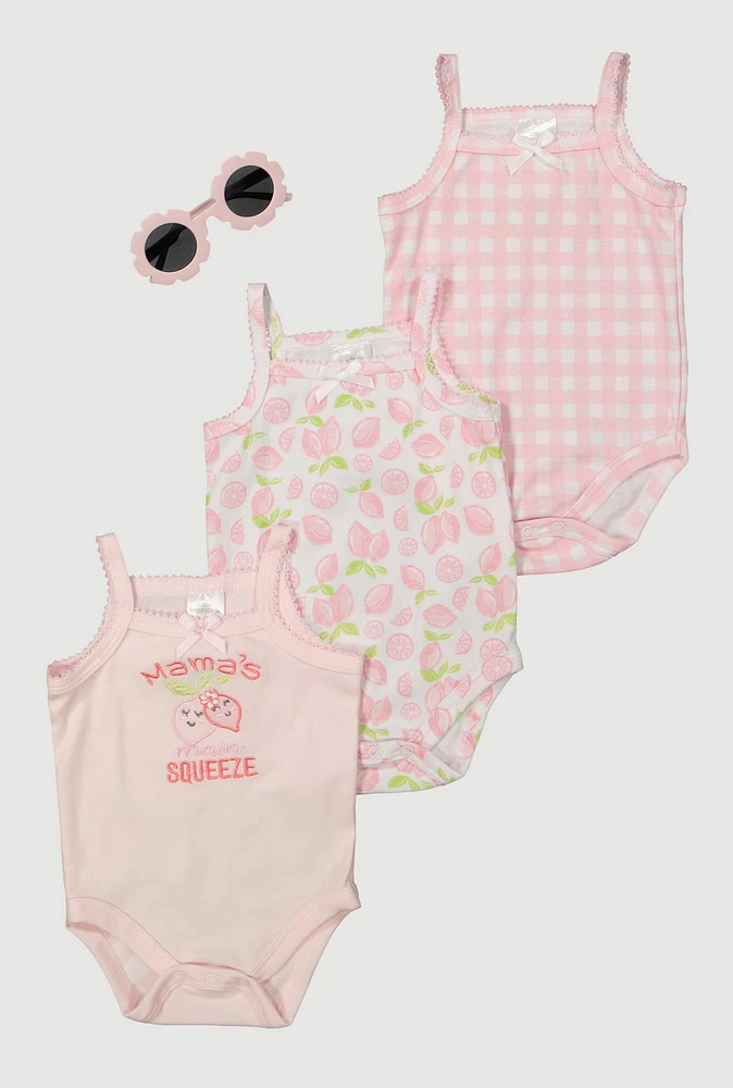 Baby Girls 0-9M Mamas Main Squeeze Graphic Bodysuits and Sunglasses, Pink,