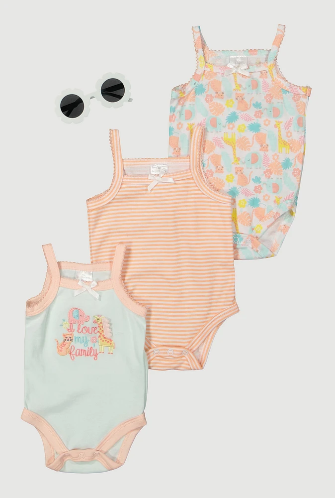 Baby Girls 0-9M I Love My Family Graphic Bodysuits with Sunglasses, Multi, Size 6-9M