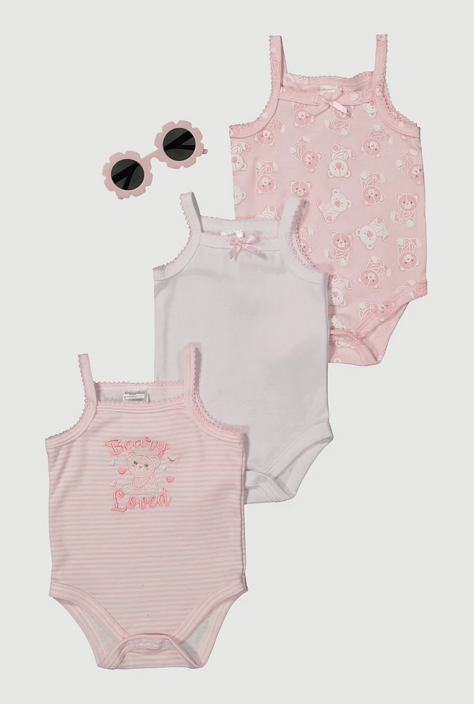 Baby Girls 0-9M Beary Loved Graphic Bodysuits with Sunglasses, Pink, Size 3-6M