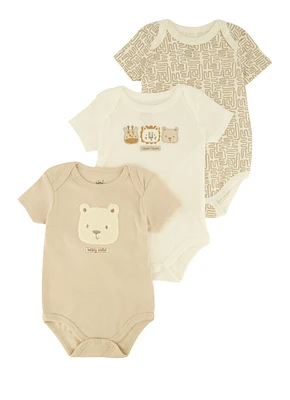 Baby Boys 0-9M Beary Cute Chenille Patch Graphic Bodysuits 3 Pack, Beige, Size 3-6M