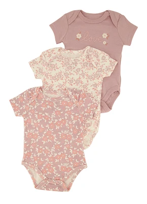 Baby Girls 0-9M Love Floral Print Bodysuits 3 Pack, Purple, Size 3-6M