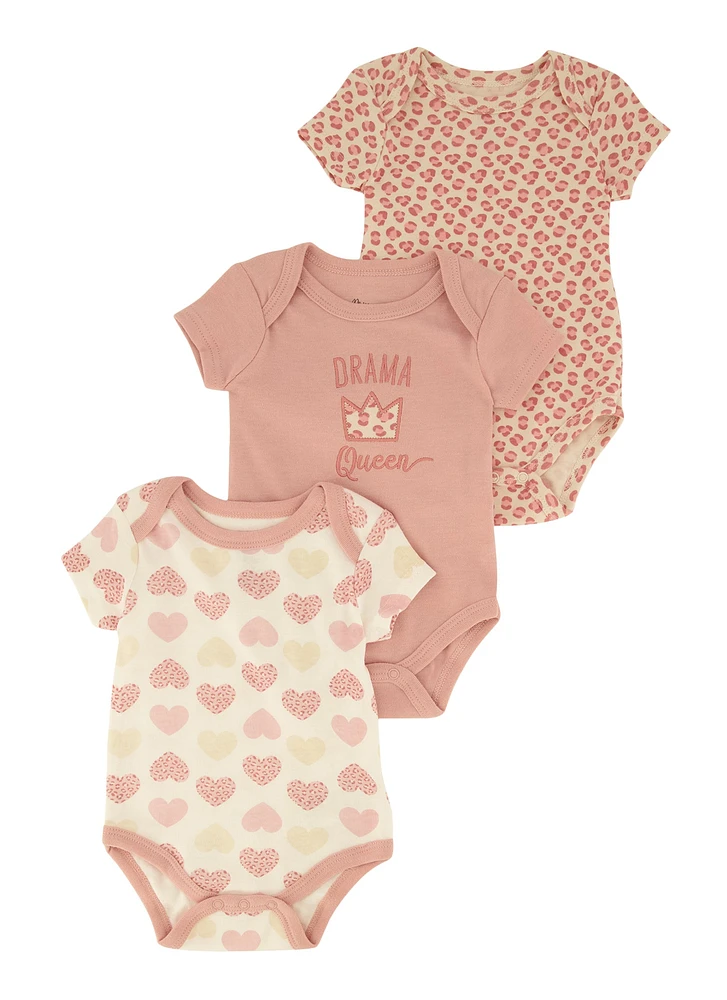 Baby Girls 0-9M Drama Queen Graphic Bodysuits 3 Pack, Pink, Size 0-3M
