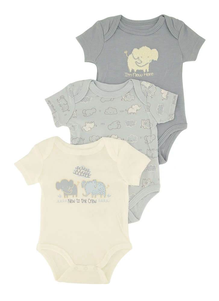 Baby Boys 0-9M Elephant Chenille Patch Graphic Bodysuits 3 Pack, Blue, Size 3-6M