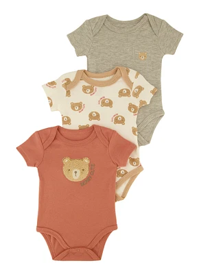 Baby Boys 0-9M Bear Chenille Patch Graphic Bodysuits 3 Pack, Multi,