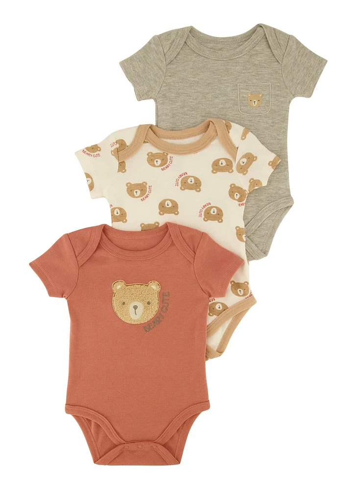 Baby Boys 0-9M Bear Chenille Patch Graphic Bodysuits 3 Pack, Multi, Size 3-6M