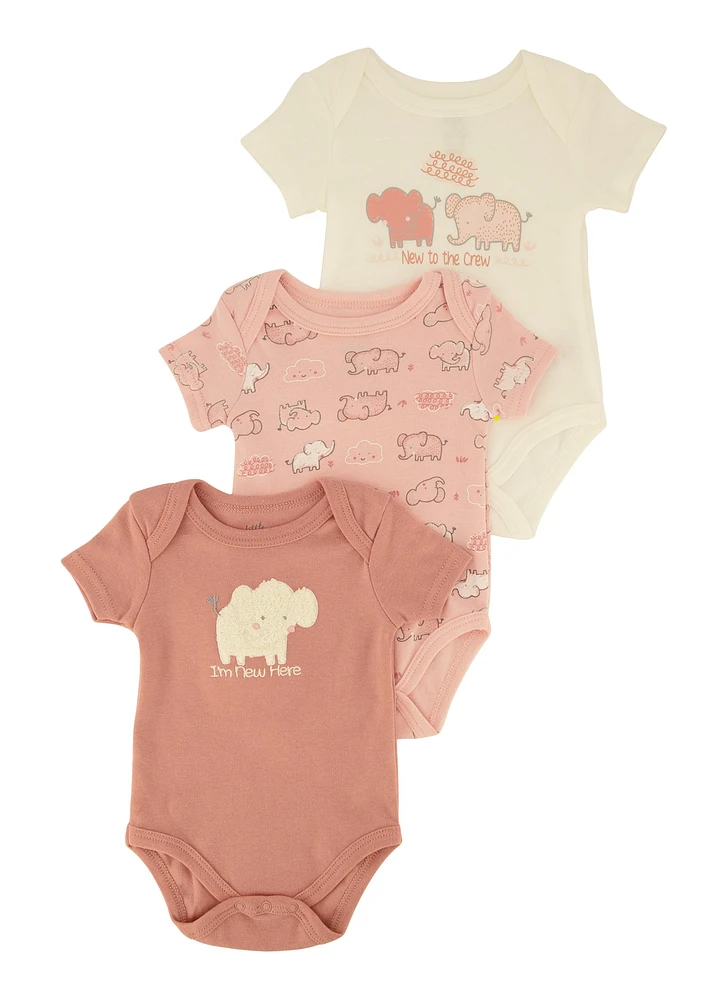 Baby Girls 0-9M Elephant Chenille Patch Graphic Bodysuits 3 Pack, Pink, Size 0-3M