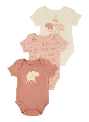 Baby Girls 0-9M Elephant Chenille Patch Graphic Bodysuits 3 Pack, Pink, Size 0-3M