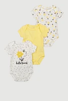 Baby Girls 0-9M Chenille Patch Hello Friend Graphic Bodysuits 3 Pack, Yellow, Size 0-3M