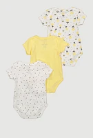 Baby Girls 0-9M Chenille Patch Hello Friend Graphic Bodysuits 3 Pack, Yellow, Size 0-3M