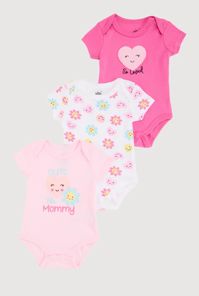 Baby Girls 0-9M Chenille Patch So Loved Graphic Bodysuits 3 Pack, Pink,