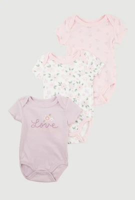 Baby Girls 0-9M Floral Love Graphic Bodysuits 3 Pack, Multi, Size 3-6M