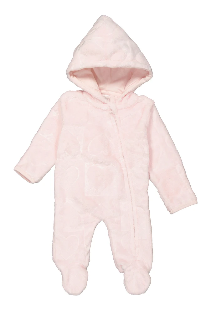 Baby Girls 0-9M Plush Heart Print Hooded Footed Jumpsuit, Pink, Size 6-9M