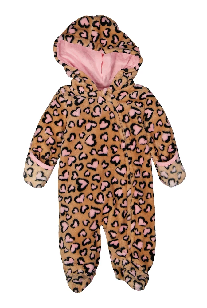 Baby Girls 0-9M Plush Heart Print Footed Jumpsuit, Brown, Size 3-6M