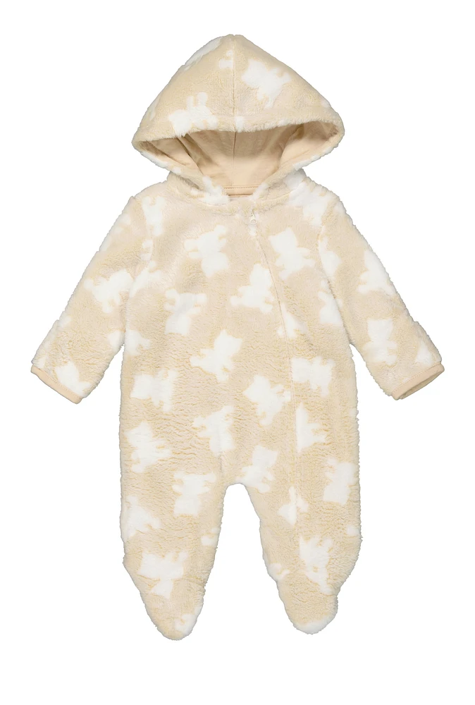 Baby Boys 0-9M Teddy Bear Print Hooded Footed Jumpsuit, Beige, Size 0-3M