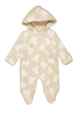 Baby Boys 0-9M Teddy Bear Print Hooded Footed Jumpsuit, Beige, Size 0-3M