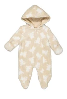 Baby Boys 0-9M Teddy Bear Print Hooded Footed Jumpsuit, Beige, Size 0-3M