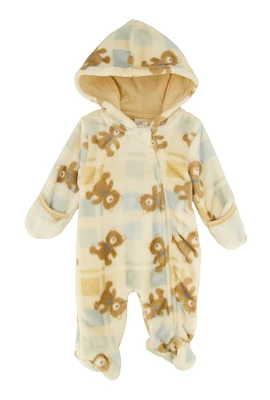 Baby Boys 0-9M Plaid Bear Print Hooded Footed Jumpsuit, Beige, Size 6-9M