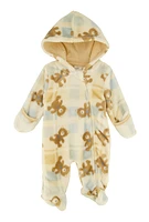 Baby Boys 0-9M Plaid Bear Print Hooded Footed Jumpsuit, Beige, Size 6-9M