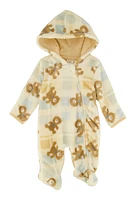 Baby Boys 0-9M Plaid Bear Print Hooded Footed Jumpsuit, Beige, Size 6-9M