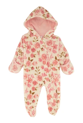 Baby Girls 0-9M Rose Print Hooded Footed Jumpsuit, Pink, Size 0-3M