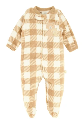 Baby Girls 0-9M Bear Graphic Plaid Print Footed Jumpsuit, Brown, Size 6-9M