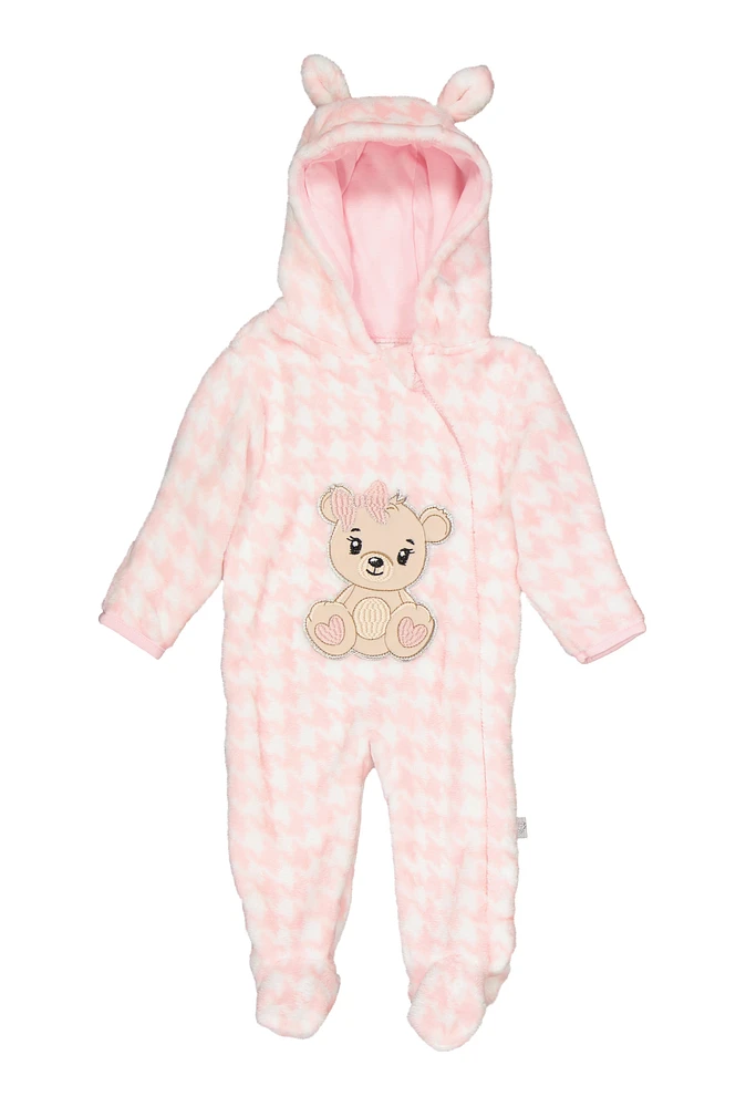 Baby Girls 0-9M Plush Zip Front Bear Graphic Hooded Jumpsuit, Pink, Size 6-9M