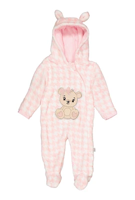 Baby Girls 0-9M Plush Zip Front Bear Graphic Hooded Jumpsuit, Pink, Size 6-9M