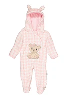 Baby Girls 0-9M Plush Zip Front Bear Graphic Hooded Jumpsuit, Pink, Size 6-9M
