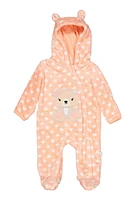 Baby Girls 0-9M Plush Heart Print Zip Front Bear Graphic Hooded Jumpsuit, Orange, Size 3-6M