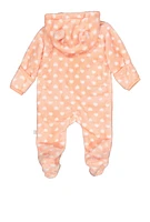 Baby Girls 0-9M Plush Heart Print Zip Front Bear Graphic Hooded Jumpsuit, Orange, Size 3-6M