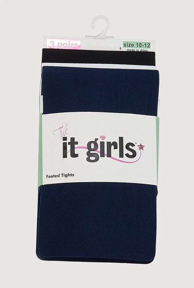 Girls Basic Footed Tights 3 Pack Size 10-12, Multi