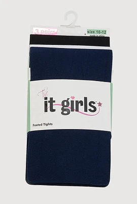 Girls Basic Footed Tights 3 Pack Size 10-12, Multi