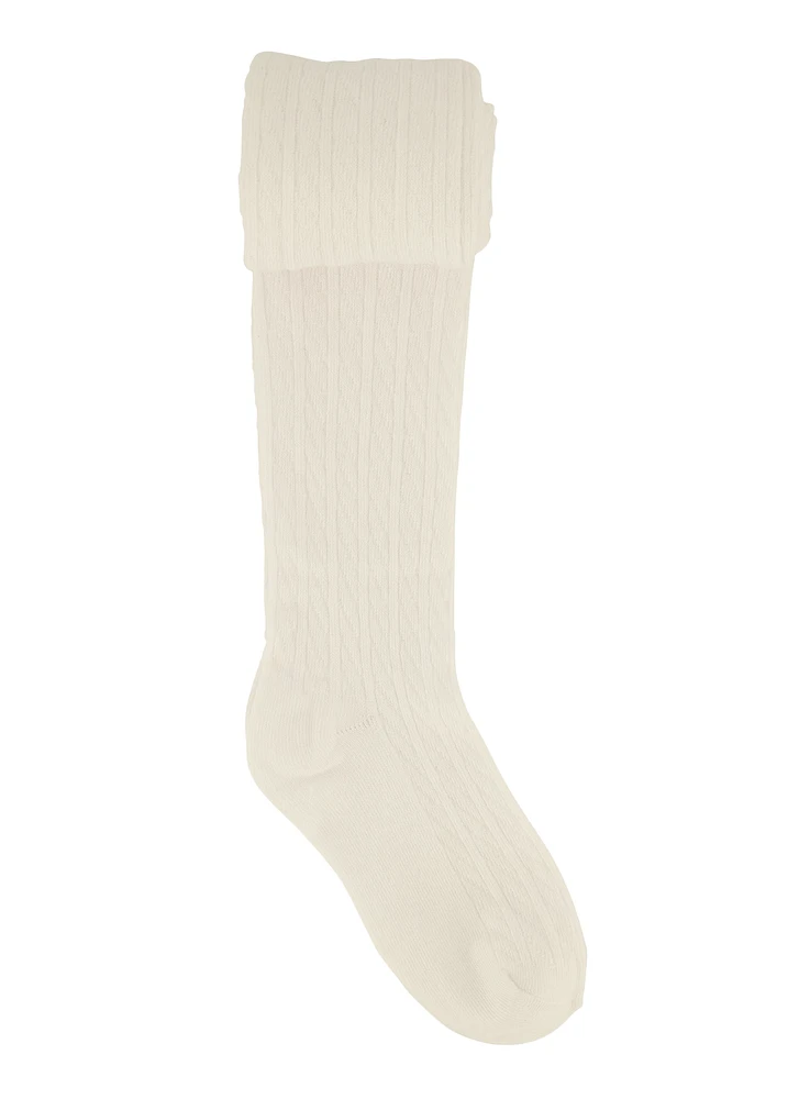 Girls Basic Cable Knit Tights, White