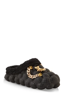 Womens Girls Multi Charm Sherpa Lined Bubble Slippers, Black, Size 1