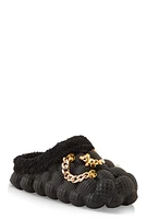 Womens Girls Multi Charm Sherpa Lined Bubble Slippers, Black, Size 1