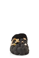 Womens Girls Multi Charm Sherpa Lined Bubble Slippers, Black, Size 1