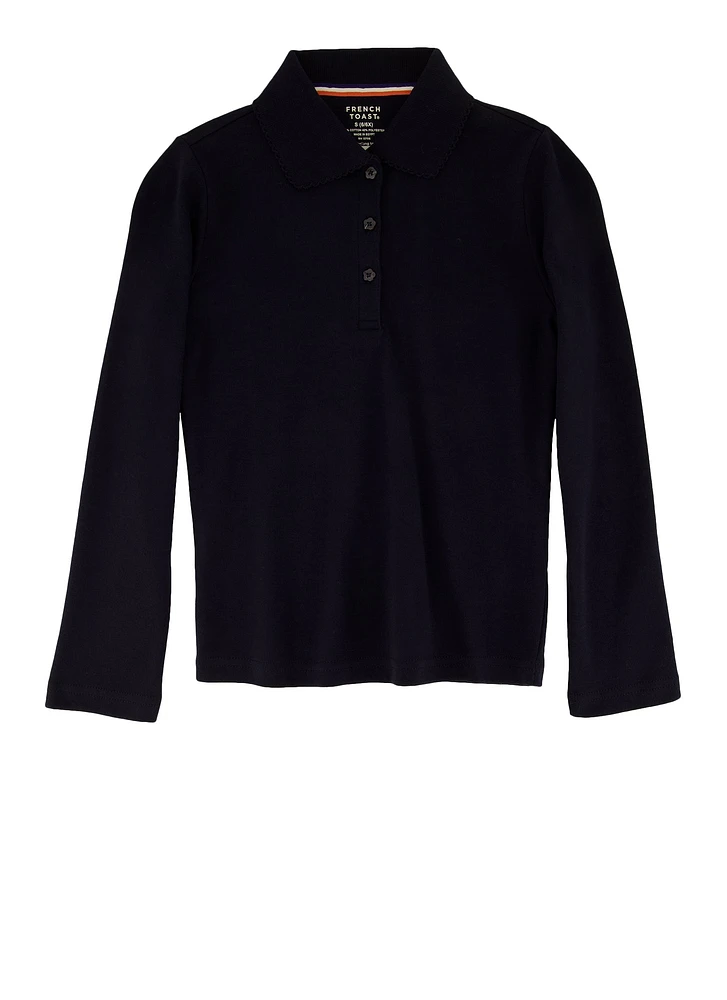 French Toast Girls 4-6x Solid Long Sleeve Interlock Polo, Blue, Size 4-5
