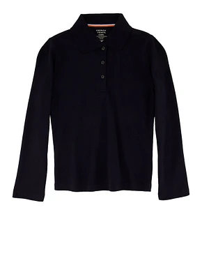 French Toast Girls 4-6x Solid Long Sleeve Interlock Polo, Blue, Size 4-5