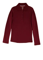 French Toast Girls 4-6x Picot Collar Long Sleeve Interlock Polo, Burgundy, Size 6-6X